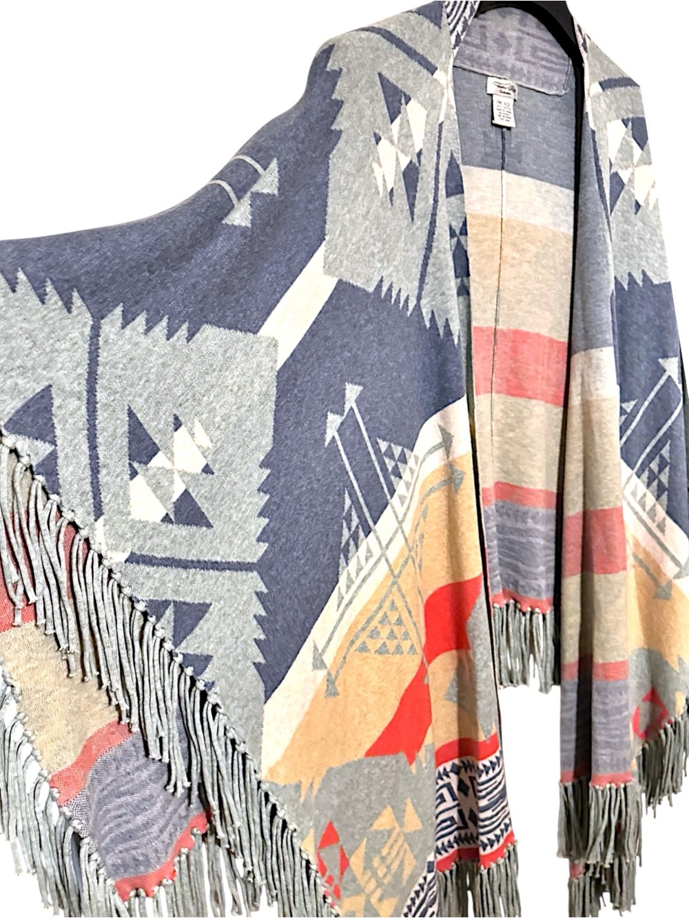 Tasha Polizzi Collection Blue Multi Cotton Geo Heritage Shawl w/Tassels Sz OS